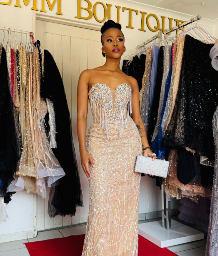 Diamanté corset gown in the boutique